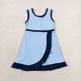 Cartoon Solid Navy Ruffles Sky Blue Athletic Shorts Girls Sleeveless Dress