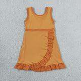 Cartoon Solid Orange Ruffles Athletic Shorts Girls Sleeveless Dress
