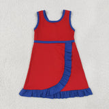 Solid Blue Ruffles Red Athletic Shorts Girls Sleeveless Dress