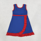 Solid Red Ruffles Blue Athletic Shorts Girls Sleeveless Dress