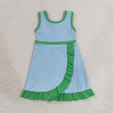 Solid Green Ruffles Sky Blue Athletic Shorts Girls Sleeveless Dress