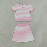 Pink Stripe White Athletic Shorts Girls Skirt Sets