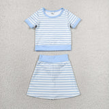 Blue Stripe White Athletic Shorts Girls Skirt Sets