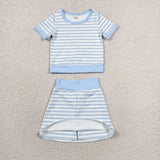 Blue Stripe White Athletic Shorts Girls Skirt Sets