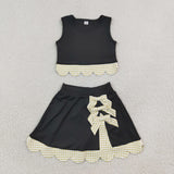 Green Plaid Bows Scalloped Black Athletic Shorts Girls Skirt Sets