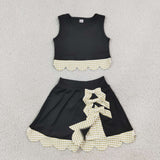 Green Plaid Bows Scalloped Black Athletic Shorts Girls Skirt Sets
