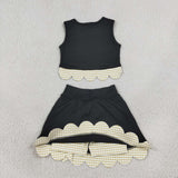 Green Plaid Bows Scalloped Black Athletic Shorts Girls Skirt Sets