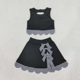 Black Plaid Bows Scalloped Athletic Shorts Girls Skirt Sets