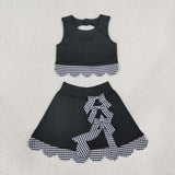Black Plaid Bows Scalloped Athletic Shorts Girls Skirt Sets