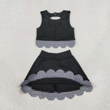 Black Plaid Bows Scalloped Athletic Shorts Girls Skirt Sets