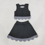 Black Plaid Bows Scalloped Athletic Shorts Girls Skirt Sets