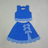 Blue Plaid Bows Scalloped Athletic Shorts Girls Skirt Sets