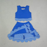 Blue Plaid Bows Scalloped Athletic Shorts Girls Skirt Sets