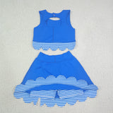 Blue Plaid Bows Scalloped Athletic Shorts Girls Skirt Sets