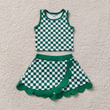 Green White Plaid Scalloped Athletic Shorts Girls Skirt Sets
