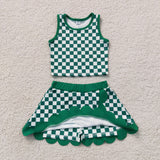 Green White Plaid Scalloped Athletic Shorts Girls Skirt Sets