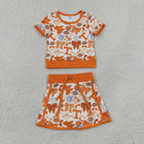 Team T Orange Bow Pattern Athletic Shorts Girls Skirt Sets