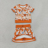 Team T Orange Bow Pattern Athletic Shorts Girls Skirt Sets
