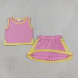 Solid Pink Yellow Cotton Shorts Girls Skirts Sets