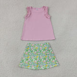 Solid Pink Ruffles Floral Scenery Athletic Shorts Girls Skirt Sets