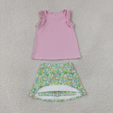 Solid Pink Ruffles Floral Scenery Athletic Shorts Girls Skirt Sets
