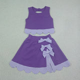 Purple Plaid Bows Scalloped Athletic Shorts Girls Skirt Sets