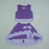Purple Plaid Bows Scalloped Athletic Shorts Girls Skirt Sets