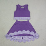 Purple Plaid Bows Scalloped Athletic Shorts Girls Skirt Sets