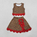 Red Bows Scalloped Leopard Print Athletic Shorts Girls Skirt Sets