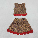 Red Bows Scalloped Leopard Print Athletic Shorts Girls Skirt Sets
