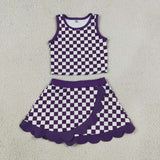 Purple White Plaid Scalloped Athletic Shorts Girls Skirt Sets