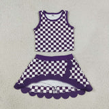 Purple White Plaid Scalloped Athletic Shorts Girls Skirt Sets