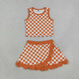 Orange White Plaid Scalloped Athletic Shorts Girls Skirt Sets