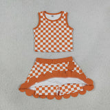 Orange White Plaid Scalloped Athletic Shorts Girls Skirt Sets