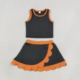 Solid Orange Scalloped Black Athletic Shorts Girls Skirt Sets