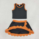 Solid Orange Scalloped Black Athletic Shorts Girls Skirt Sets
