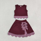 Grape Plaid Bows Scalloped Athletic Shorts Girls Skirt Sets