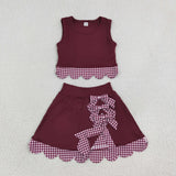 Grape Plaid Bows Scalloped Athletic Shorts Girls Skirt Sets