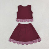 Grape Plaid Bows Scalloped Athletic Shorts Girls Skirt Sets