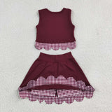 Grape Plaid Bows Scalloped Athletic Shorts Girls Skirt Sets