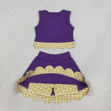 Green Plaid Bows Scalloped Purple Athletic Shorts Girls Skirt Sets