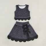 Black Bows Scalloped Leopard Print Athletic Shorts Girls Skirt Sets