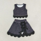 Black Bows Scalloped Leopard Print Athletic Shorts Girls Skirt Sets