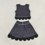 Black Bows Scalloped Leopard Print Athletic Shorts Girls Skirt Sets