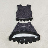 Black Bows Scalloped Leopard Print Athletic Shorts Girls Skirt Sets