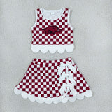 Team White Bows Scalloped Red Plaid Athletic Shorts Girls Skirt Sets