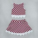 Team White Bows Scalloped Red Plaid Athletic Shorts Girls Skirt Sets