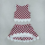 Team White Bows Scalloped Red Plaid Athletic Shorts Girls Skirt Sets