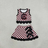 C Team Black Bows Scalloped Dark Red Plaid Athletic Shorts Girls Skirt Sets