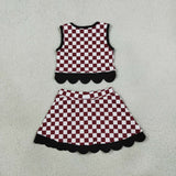 C Team Black Bows Scalloped Dark Red Plaid Athletic Shorts Girls Skirt Sets